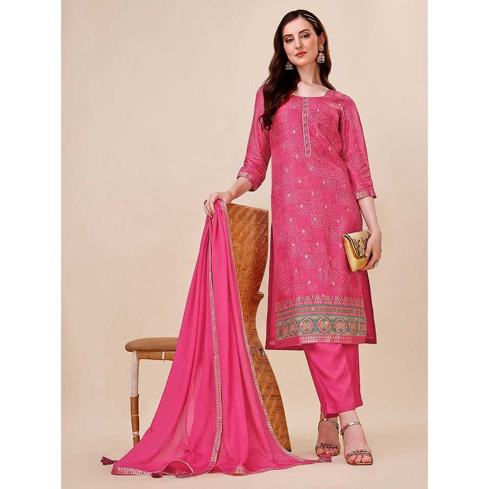 Seerat Rani-Pink Bandhani Printed Jacquard Design Kurta with Trouser and Dupatta (Set of 3)