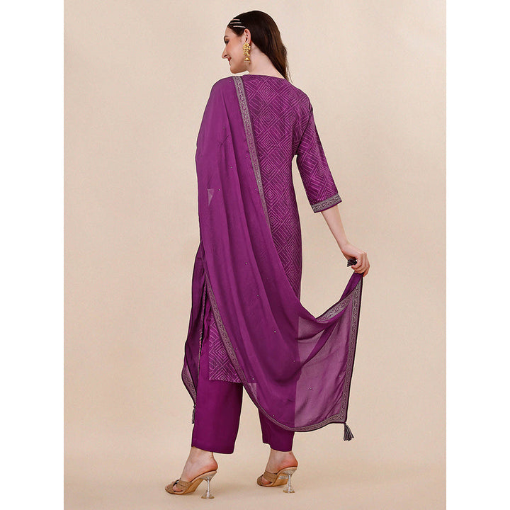 Seerat Purple Bandhani Printed Jacquard Design Kurta with Trouser and Dupatta (Set of 3)