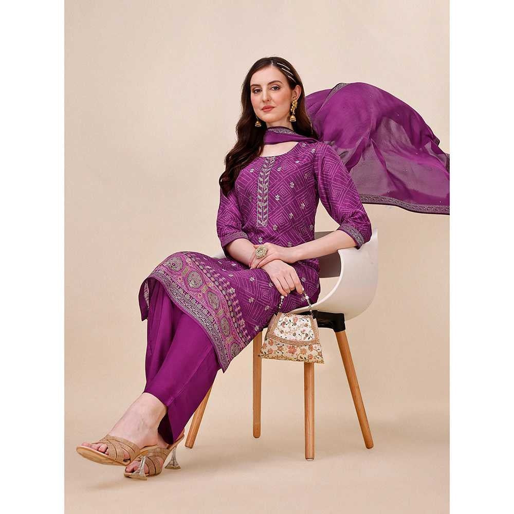 Seerat Purple Bandhani Printed Jacquard Design Kurta with Trouser and Dupatta (Set of 3)