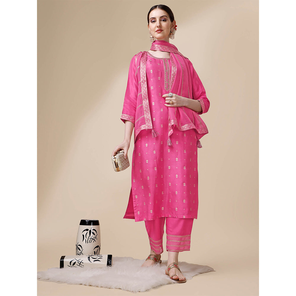 Seerat Pink Jacquard Silk Straight Kurta with Trousers and Embroidery Dupatta (Set of 3)