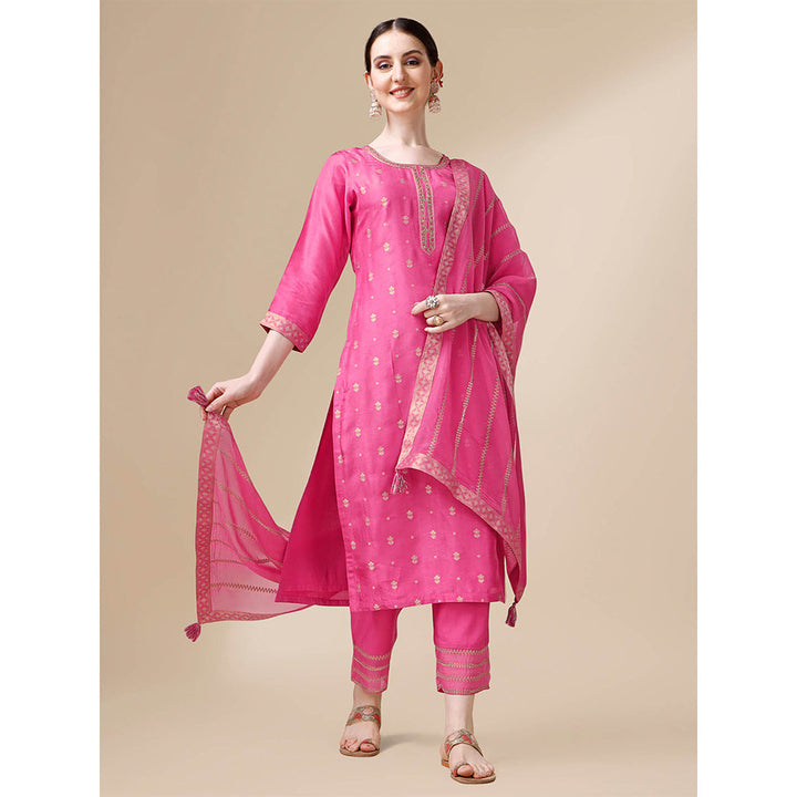 Seerat Pink Jacquard Silk Straight Kurta with Trousers and Embroidery Dupatta (Set of 3)