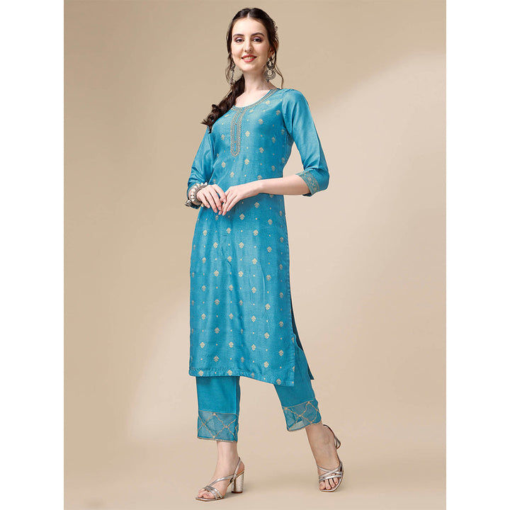 Seerat Teal Jacquard Silk Straight Kurta with Trousers and Embroidery Dupatta (Set of 3)