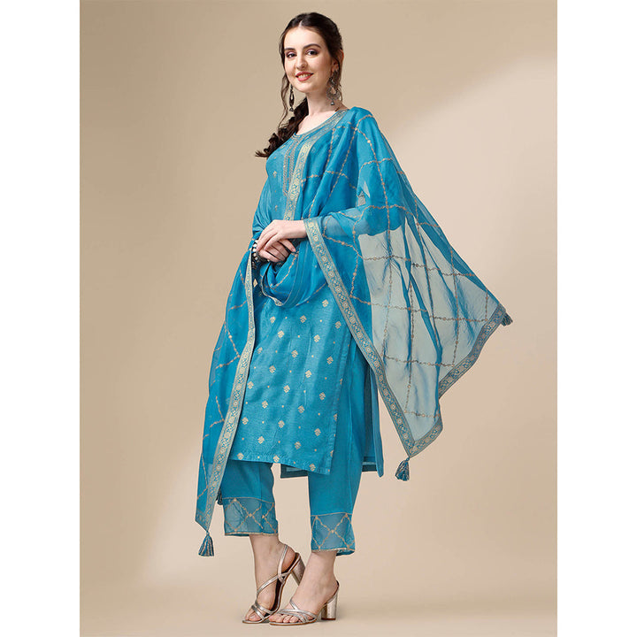 Seerat Teal Jacquard Silk Straight Kurta with Trousers and Embroidery Dupatta (Set of 3)
