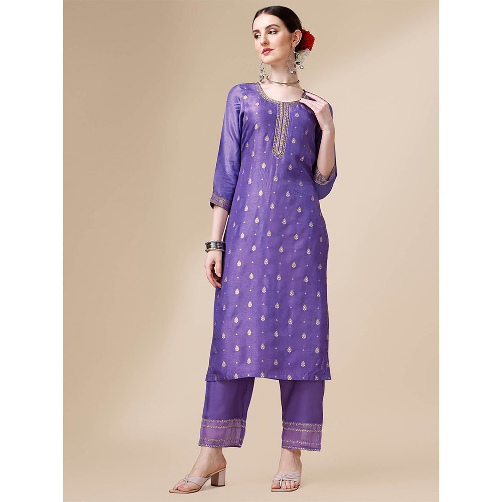 Seerat Purple Jacquard Silk Straight Kurta with Trousers and Embroidery Dupatta (Set of 3)