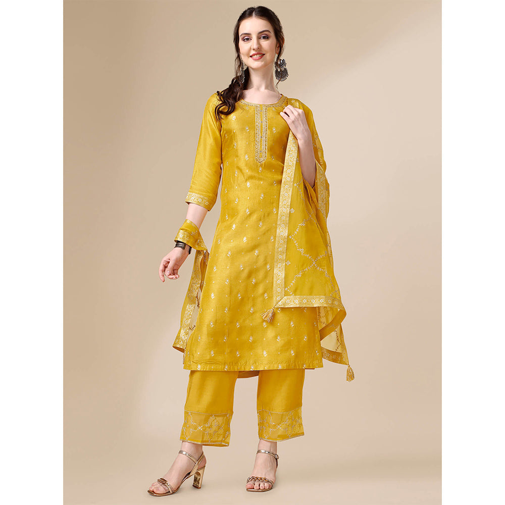 Seerat Yellow Jacquard Silk Straight Kurta with Trousers and Embroidery Dupatta (Set of 3)