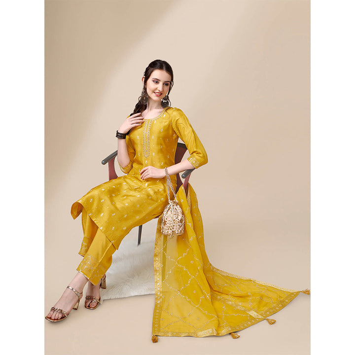 Seerat Yellow Jacquard Silk Straight Kurta with Trousers and Embroidery Dupatta (Set of 3)