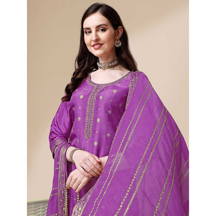 Seerat Purple Jacquard Silk Straight Kurta with Trousers and Embroidery Dupatta (Set of 3)