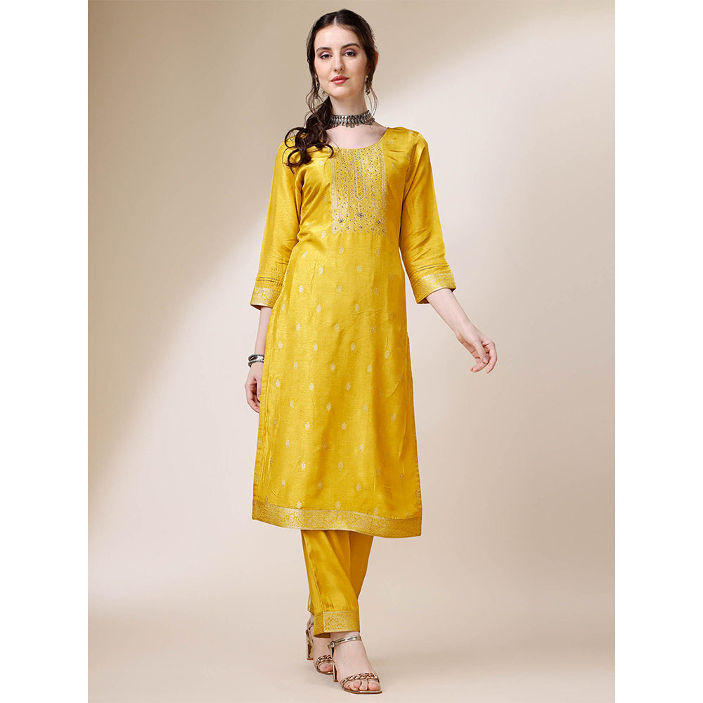 Seerat Yellow Jacquard Silk Straight Kurta With Trousers & Bandhani Printed Dupatta (Set of 3)