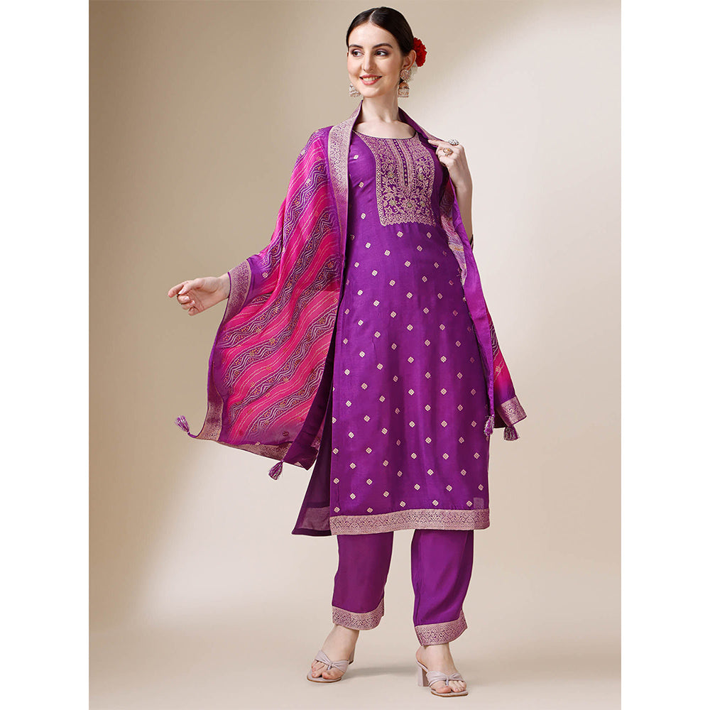 Seerat Purple Jacquard Silk Straight Kurta With Trousers & Bandhani Printed Dupatta (Set of 3)