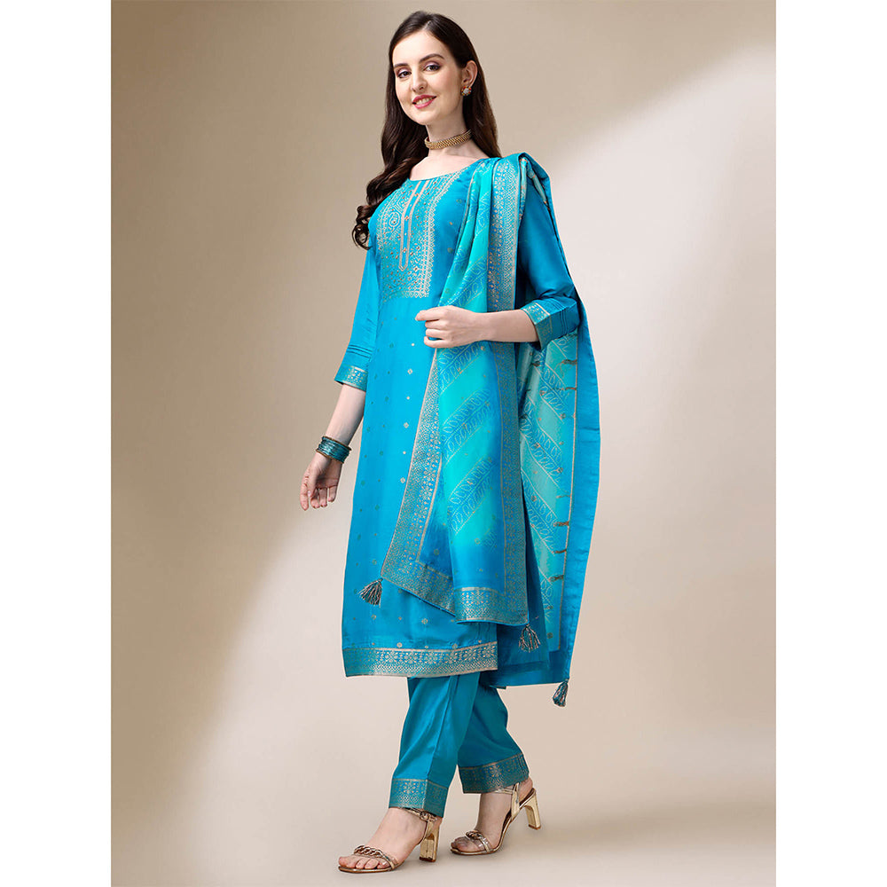 Seerat Turquoise Blue Jacquard Silk Kurta With Trousers & Bandhani Printed Dupatta (Set of 3)