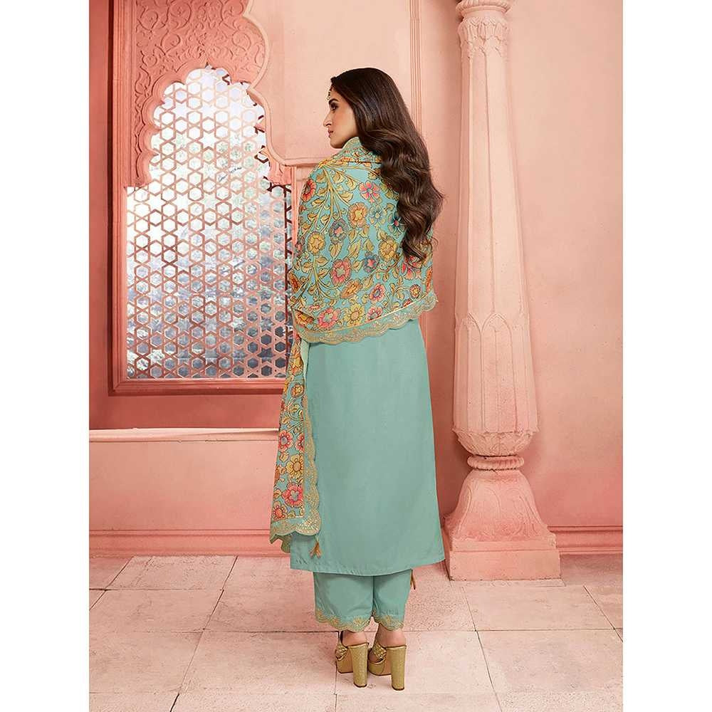 Seerat Turquoise Embroidery Silk Straight Kurta with Trousers & Printed Dupatta (Set of 3)
