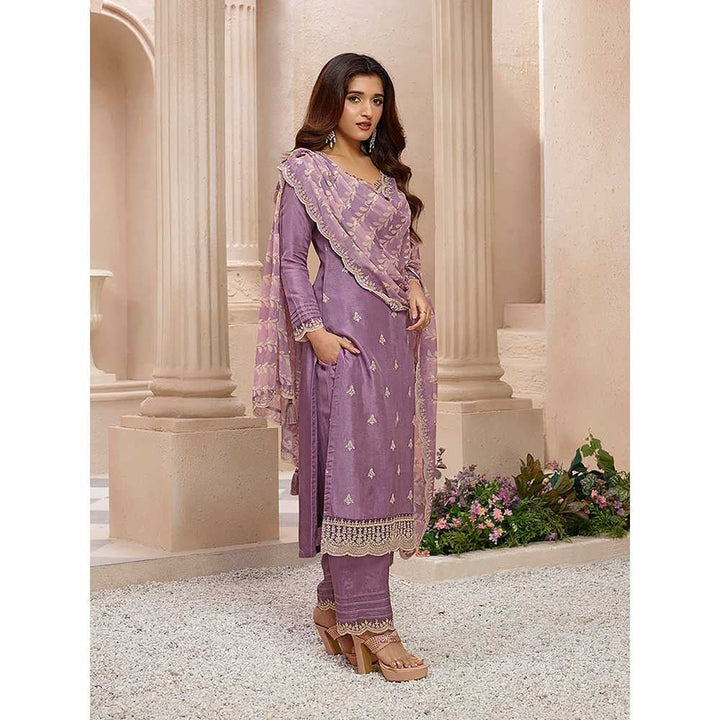 Seerat Purple Embroidery Silk Straight Kurta with Trousers & Printed Dupatta (Set of 3)