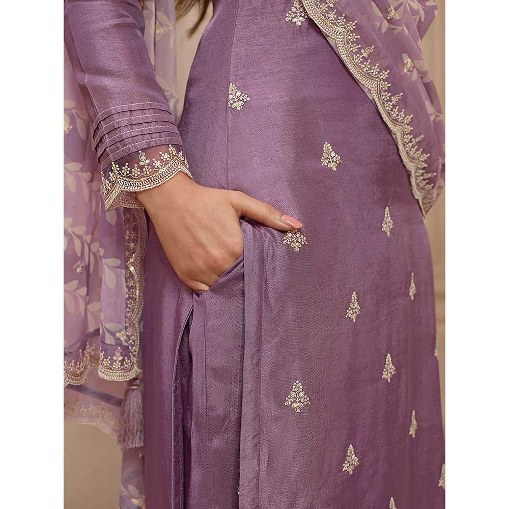 Seerat Purple Embroidery Silk Straight Kurta with Trousers & Printed Dupatta (Set of 3)
