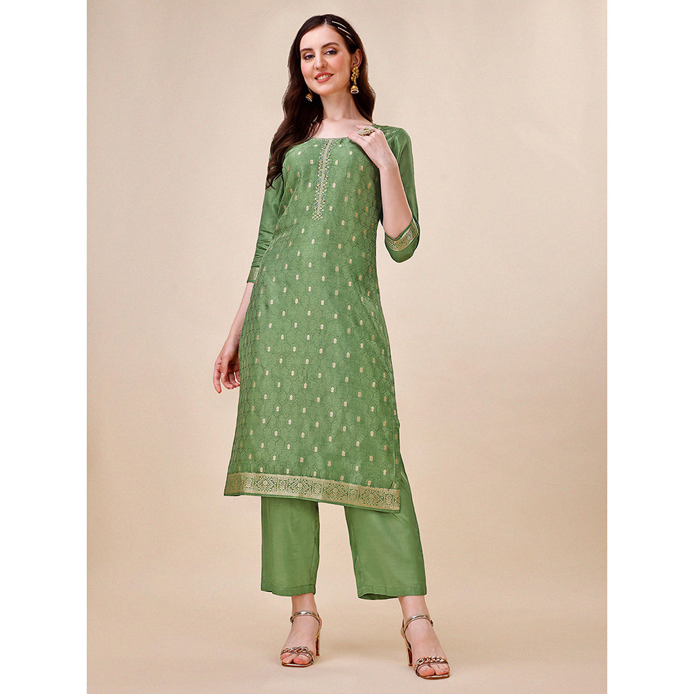 Seerat Green Jacquard Silk Straight Kurta with Trousers & Bandhani Printed Dupatta (Set of 3)