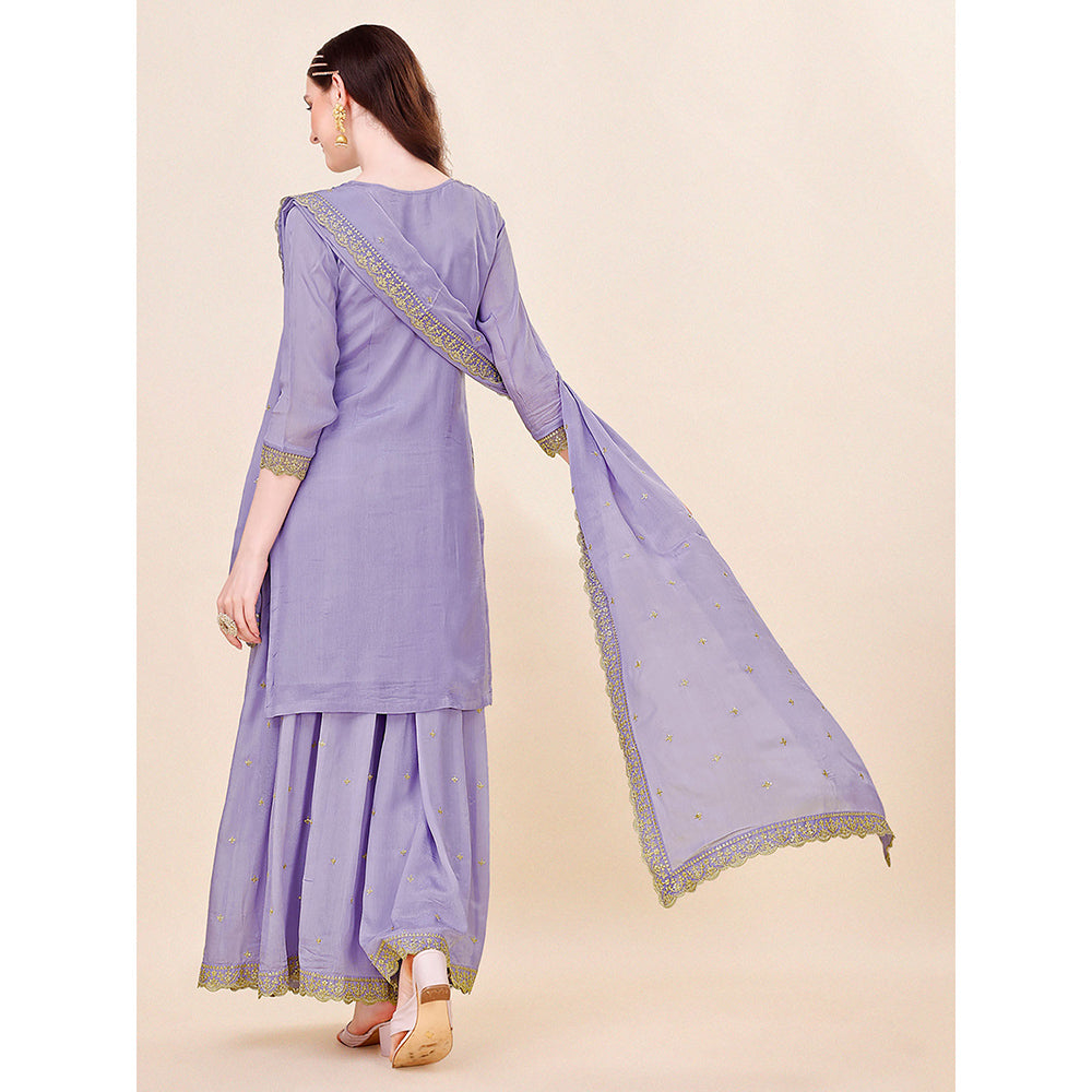 Seerat Purple Jacquard Straight Kurta with Chino Sharara & Chino Dupatta (Set of 3)