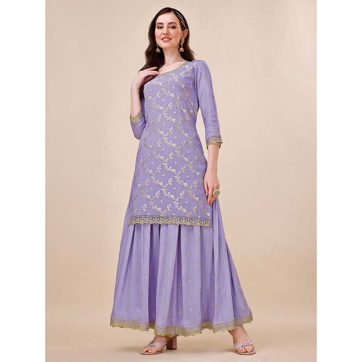 Seerat Purple Jacquard Straight Kurta with Chino Sharara & Chino Dupatta (Set of 3)