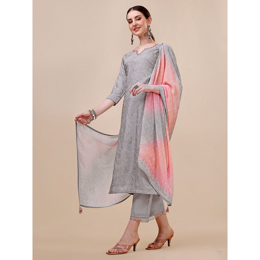 Seerat Grey Embroidery Silk Straight Kurta with Trousers & Bandhani Printed Dupatta (Set of 3)