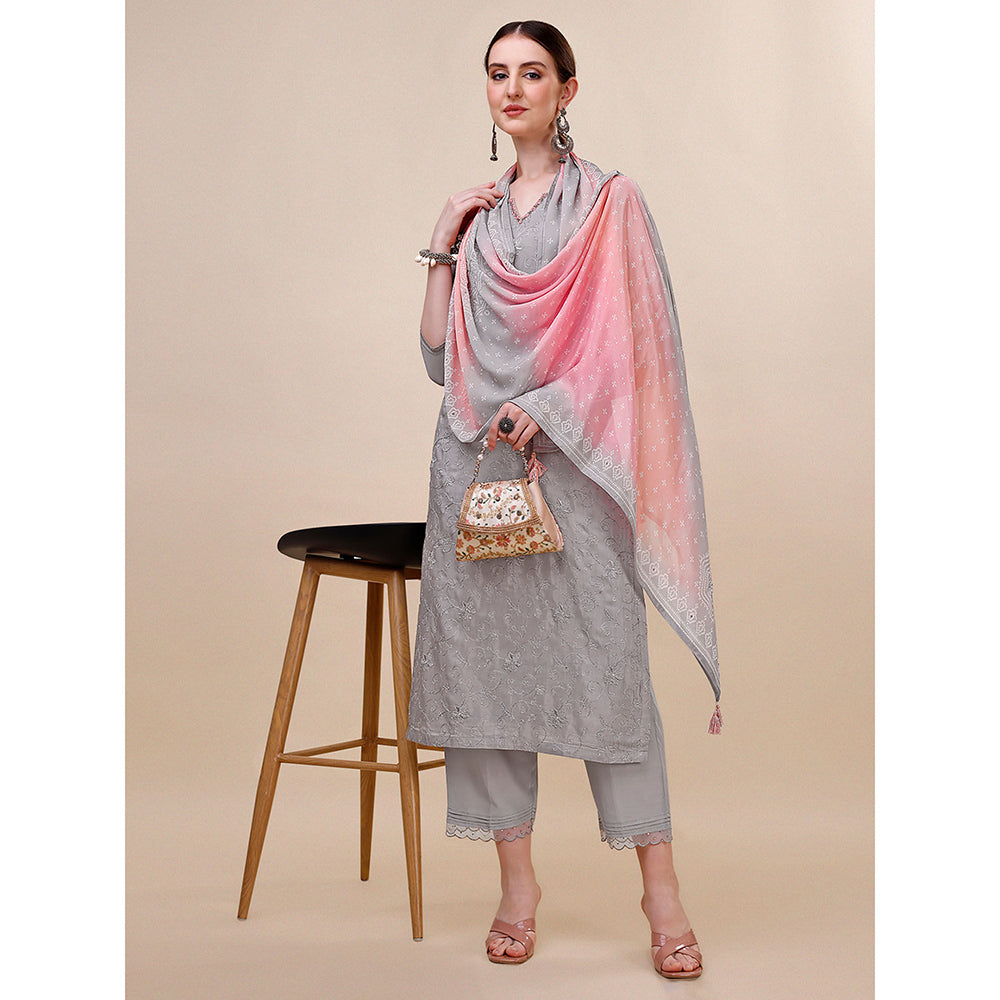 Seerat Grey Embroidery Silk Straight Kurta with Trousers & Bandhani Printed Dupatta (Set of 3)