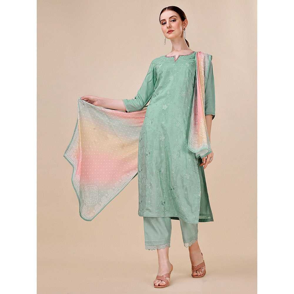 Seerat Green Embroidery Silk Straight Kurta with Trousers & Bandhani Dupatta (Set of 3)