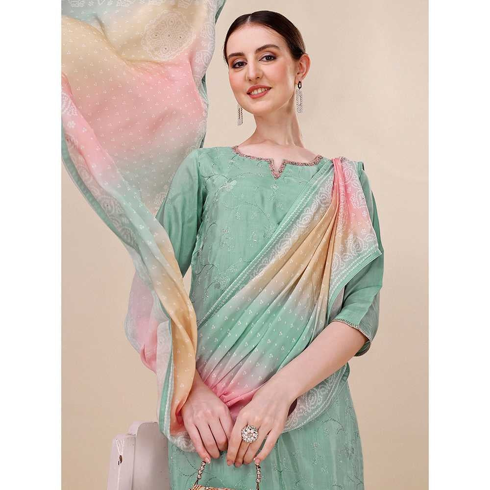 Seerat Green Embroidery Silk Straight Kurta with Trousers & Bandhani Dupatta (Set of 3)