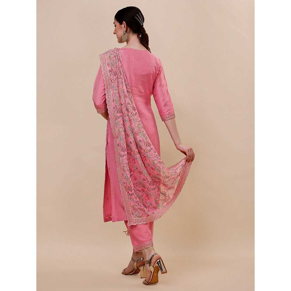 Seerat Pink Embroidery Silk Straight Kurta with Trousers & Printed Dupatta (Set of 3)
