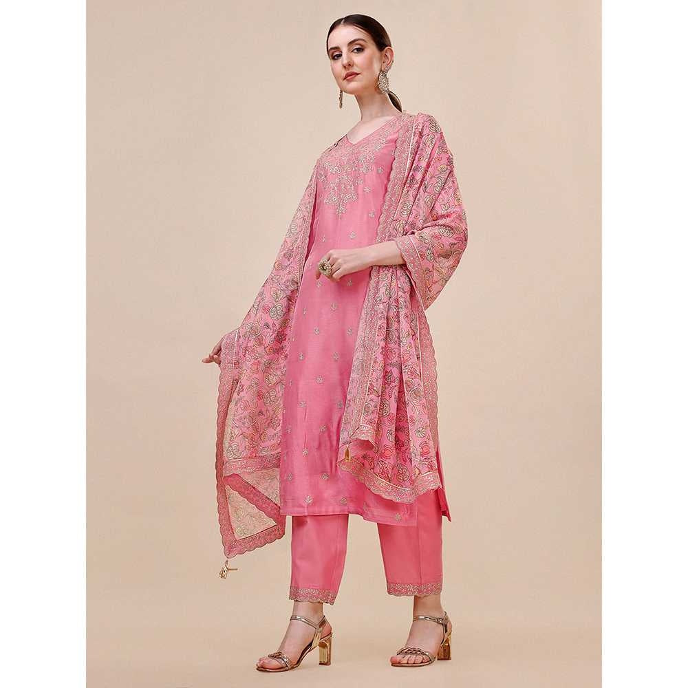Seerat Pink Embroidery Silk Straight Kurta with Trousers & Printed Dupatta (Set of 3)