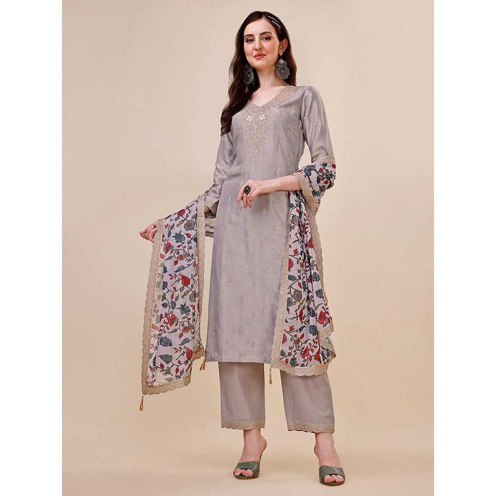 Seerat Grey Embroidery Silk Straight Kurta with Trousers & Printed Dupatta (Set of 3)
