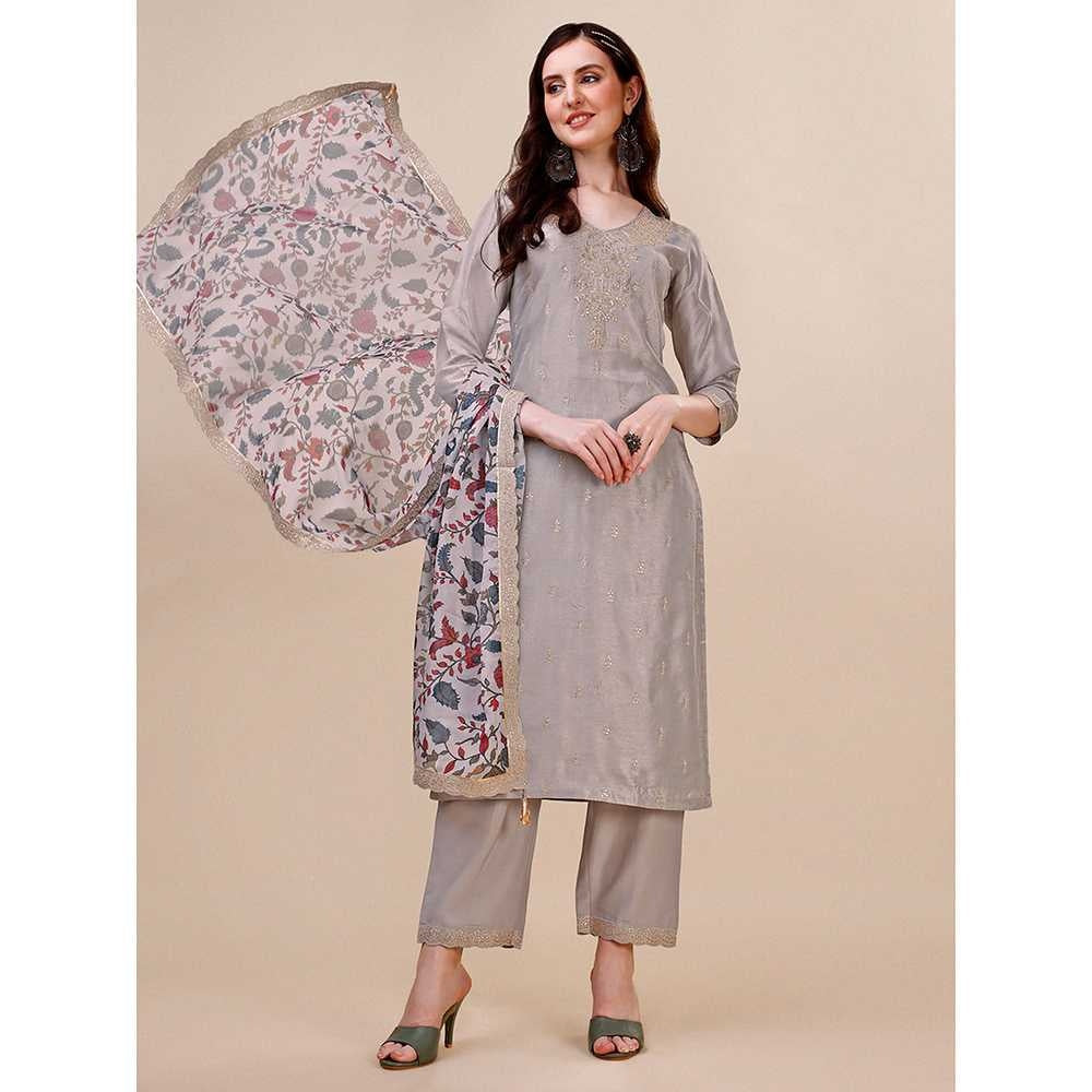 Seerat Grey Embroidery Silk Straight Kurta with Trousers & Printed Dupatta (Set of 3)