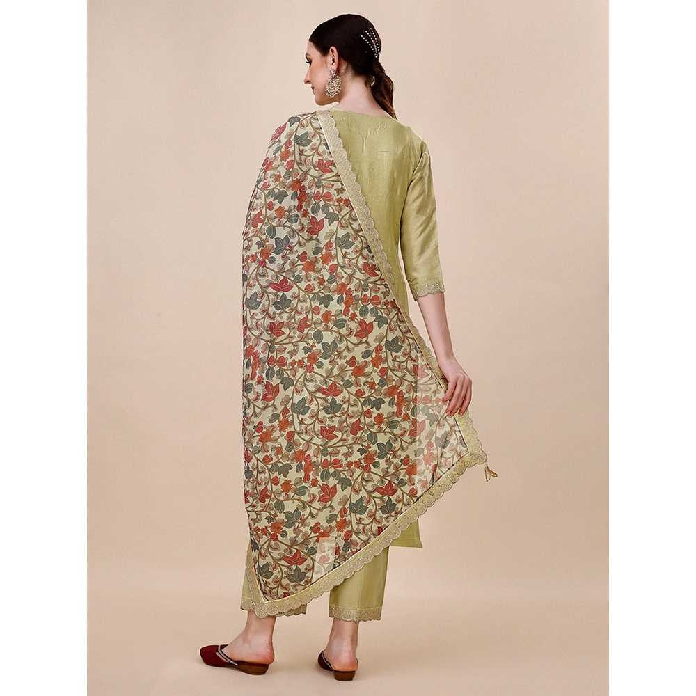 Seerat Green Embroidery Silk Straight Kurta with Trousers & Printed Dupatta (Set of 3)