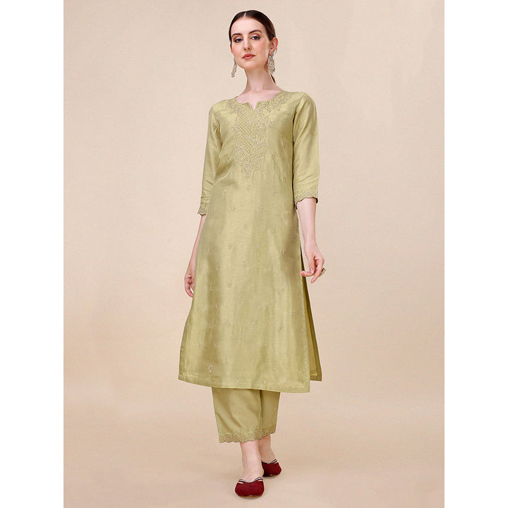 Seerat Green Embroidery Silk Straight Kurta with Trousers & Printed Dupatta (Set of 3)
