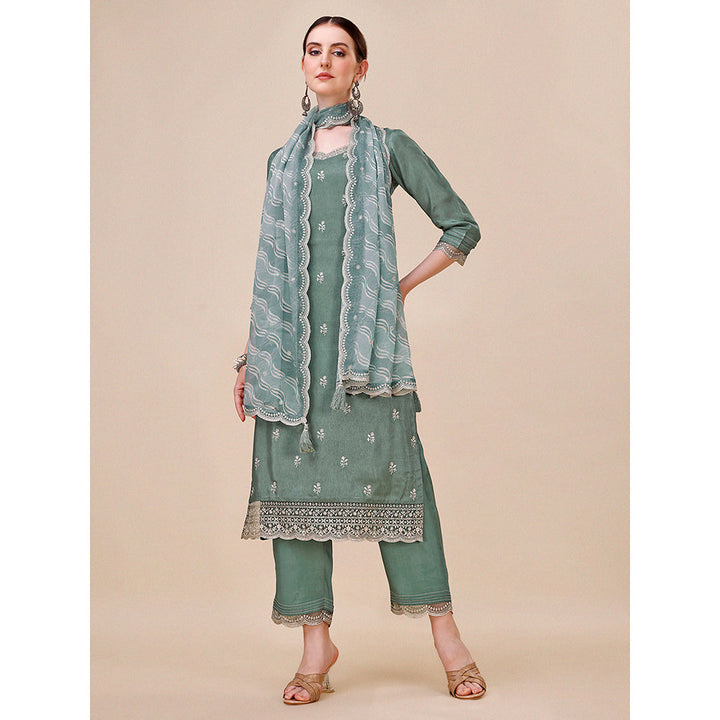 Seerat Dusty Green Embroidery Silk Straight Kurta with Trousers & Printed Dupatta (Set of 3)