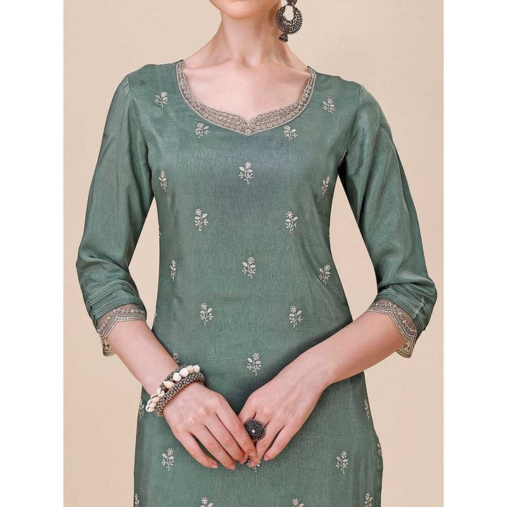 Seerat Dusty Green Embroidery Silk Straight Kurta with Trousers & Printed Dupatta (Set of 3)