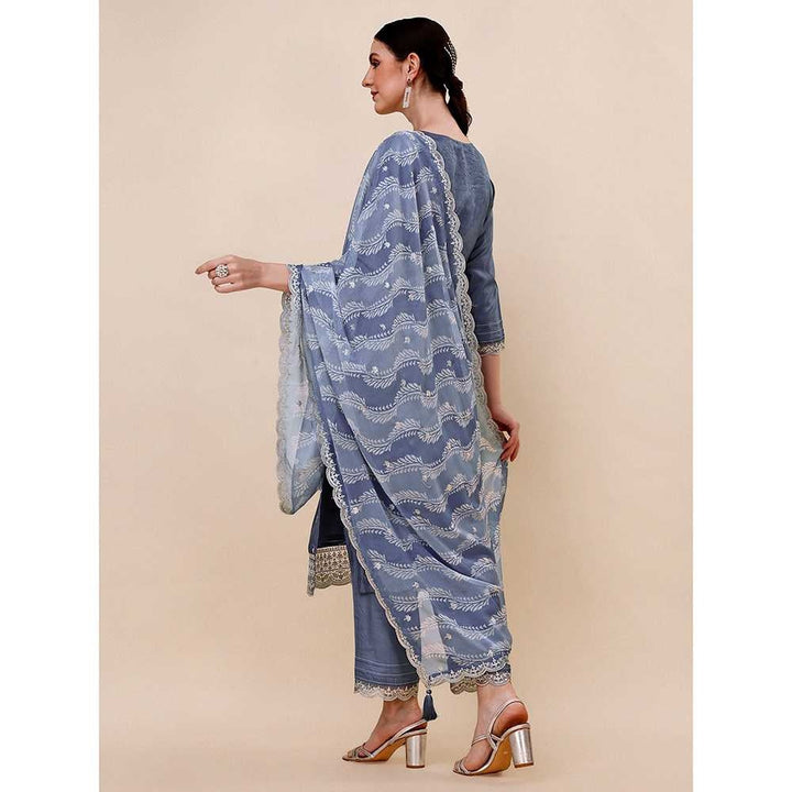 Seerat Blue Embroidery Silk Straight Kurta with Trousers & Printed Dupatta (Set of 3)