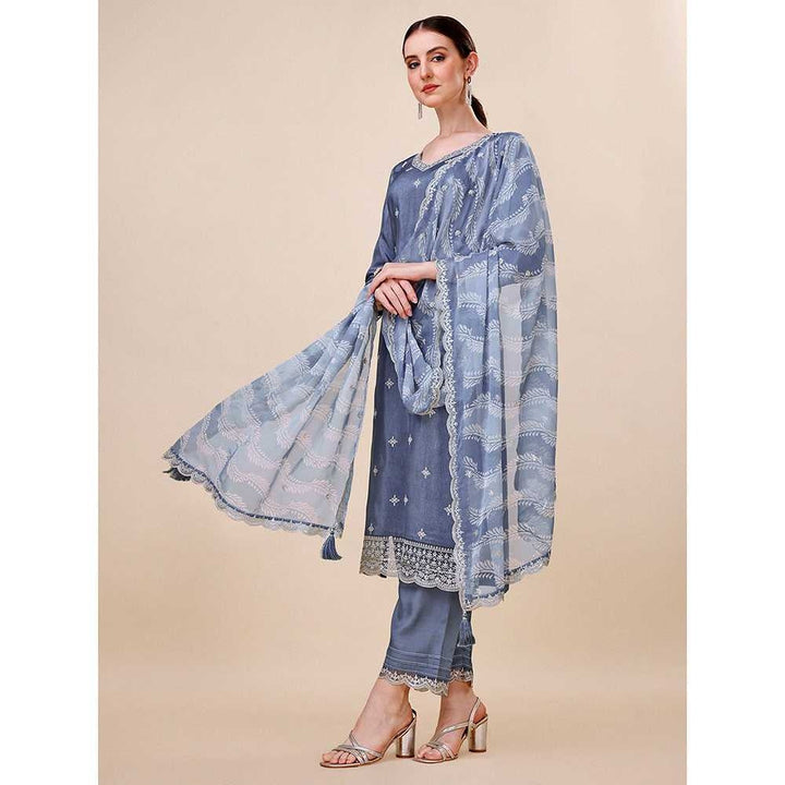 Seerat Blue Embroidery Silk Straight Kurta with Trousers & Printed Dupatta (Set of 3)