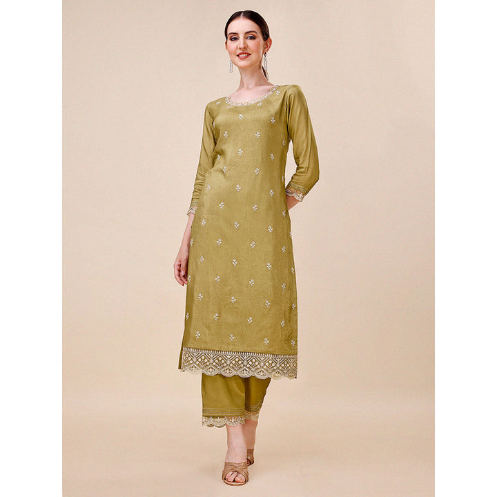 Seerat Olive Embroidery Silk Straight Kurta with Trousers & Printed Dupatta (Set of 3)