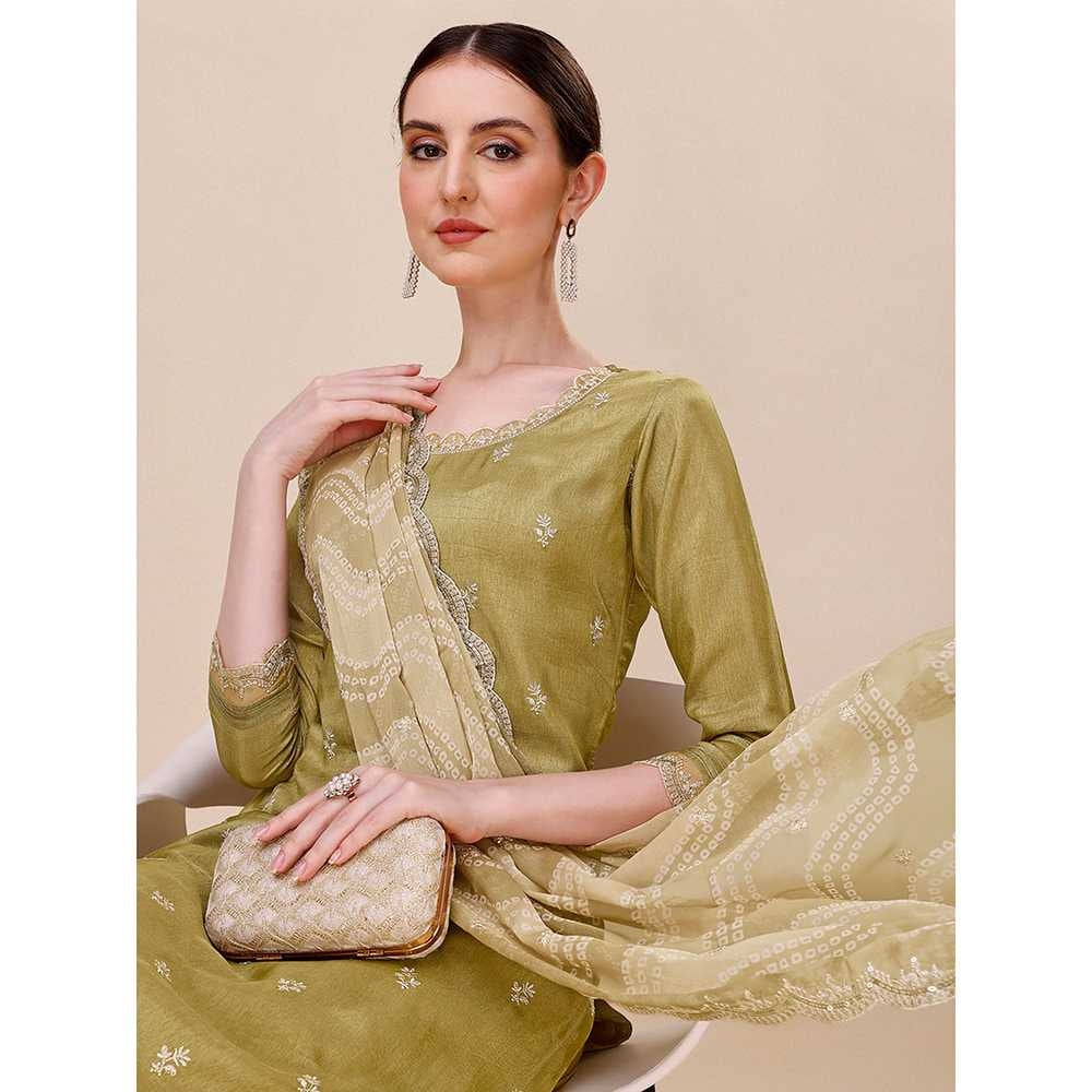 Seerat Olive Embroidery Silk Straight Kurta with Trousers & Printed Dupatta (Set of 3)