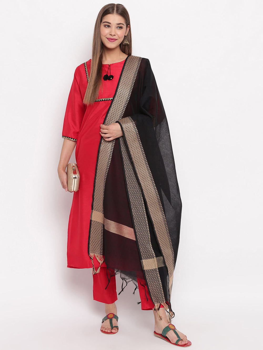 red poly silk kurta with pant and dupatta set196-2
