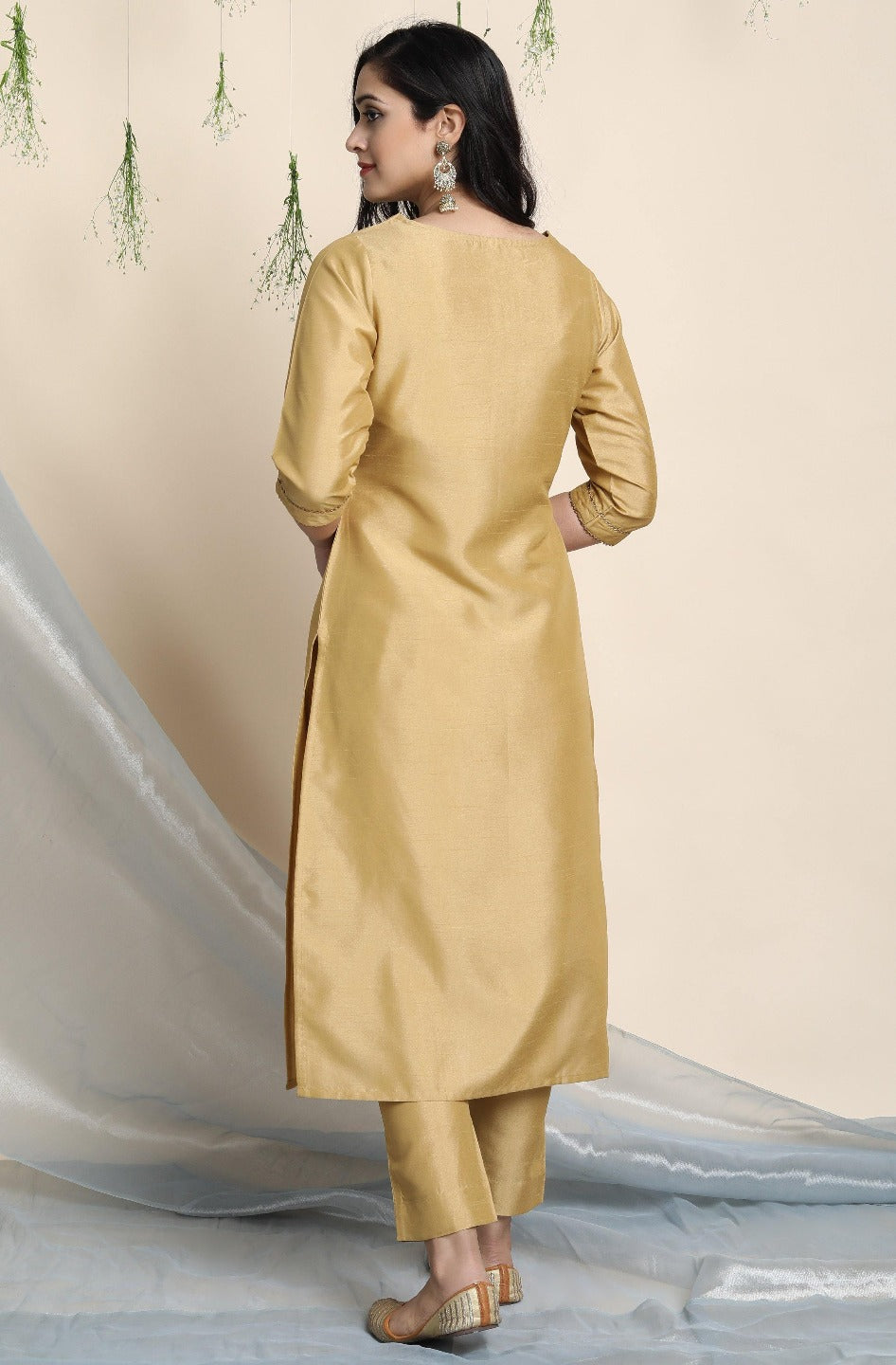 gold poly silk kurta with pant and dupatta set264-4