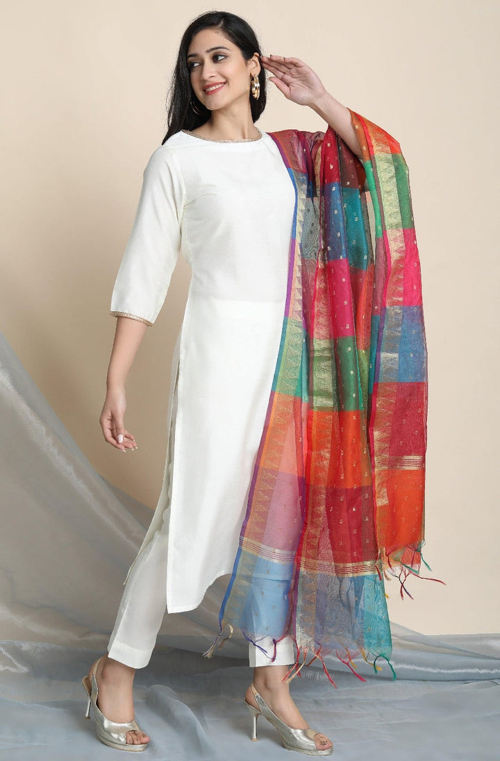 off white poly silk kurta with pant and dupatta set268-3