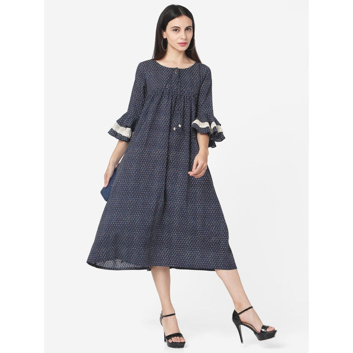 Shaily Women Navy Blue Floral Printed A-Line Ethnic Dress