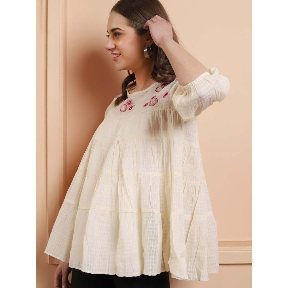 Shaily Women Off White & Pink Embroidered Tunic