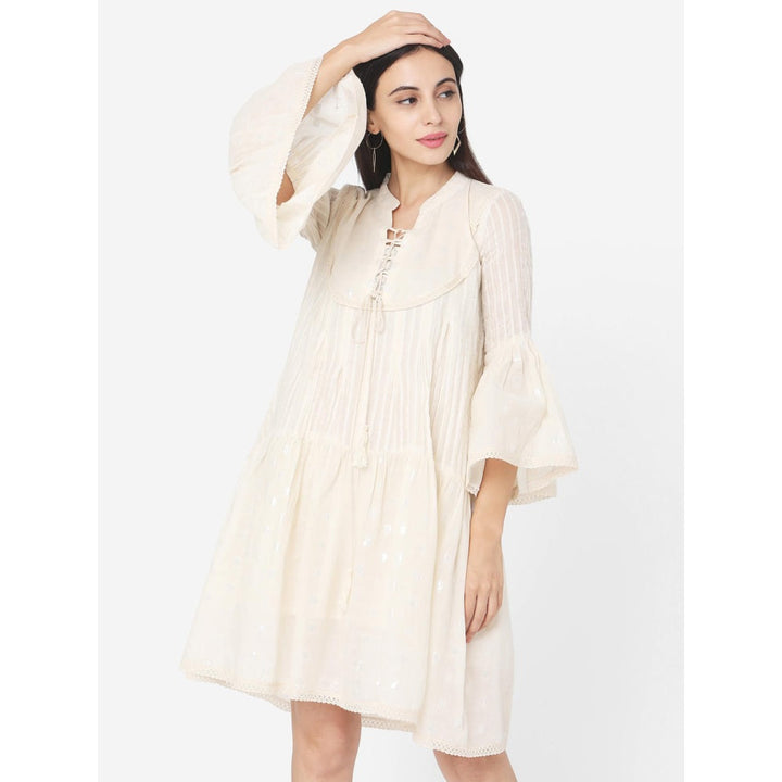 Shaily Women Off-White Self Design A-Line Dress