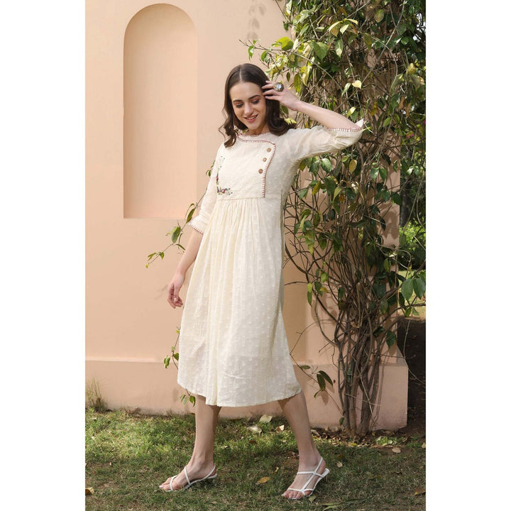 Shaily Women Off-White Self Design Fit And Flare Dress