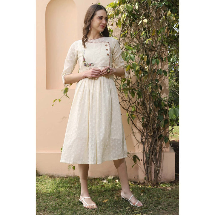 Shaily Women Off-White Self Design Fit And Flare Dress