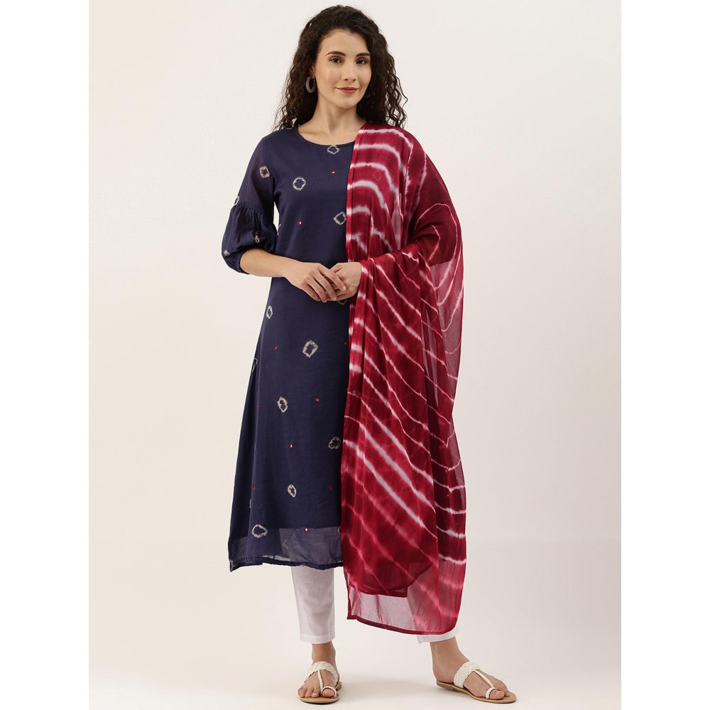 Shaily Women Navy Blue Dyed Mirror Work Kurta With Trousers & With Dupatta (Set of 3)