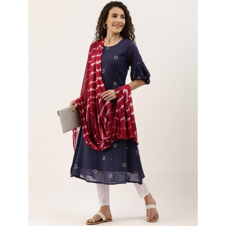 Shaily Women Navy Blue Dyed Mirror Work Kurta With Trousers & With Dupatta (Set of 3)