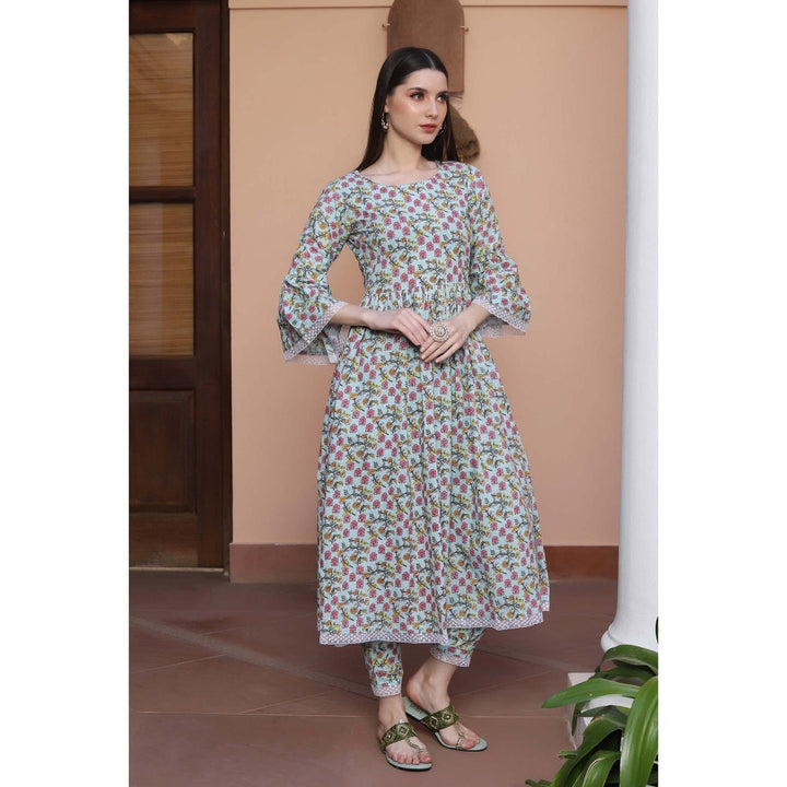 Shaily Women Blue Floral Printed Pure Cotton A-Line Kurta With Trousers (Set of 2)
