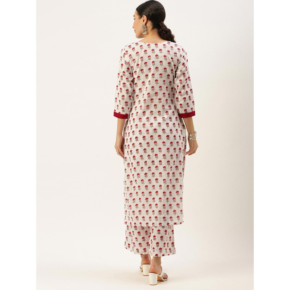 Shaily Women White Floral Printed Regular Pure Cotton Kurta With Palazzos (Set of 2)