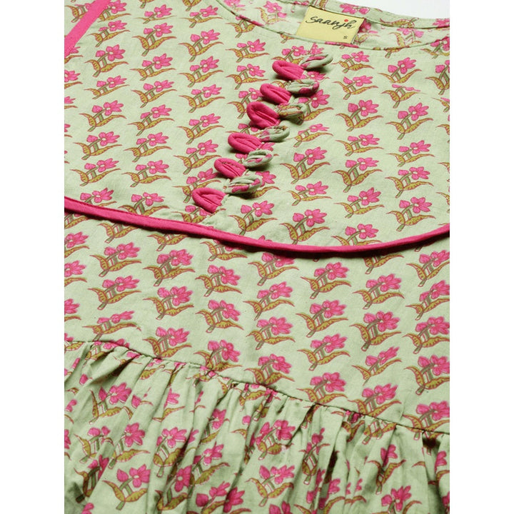 Shaily Olive Green Floral Printed Pleated Pure Cotton Kurta Palazzos & Dupatta (Set of 3)