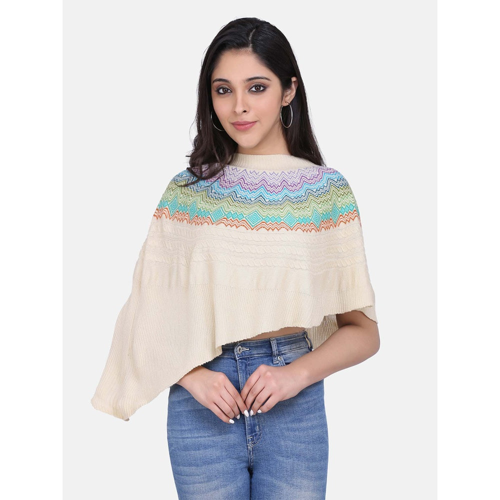 Shaily Women's Off White Cable Knit Pattern Turtle Neck Ponchos